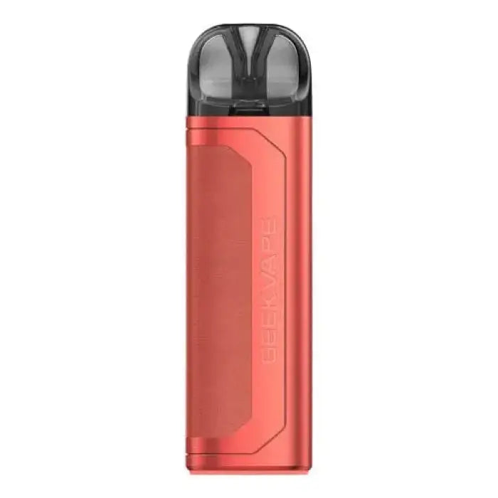 Coral-colored electronic vaping device with a black mouthpiece.