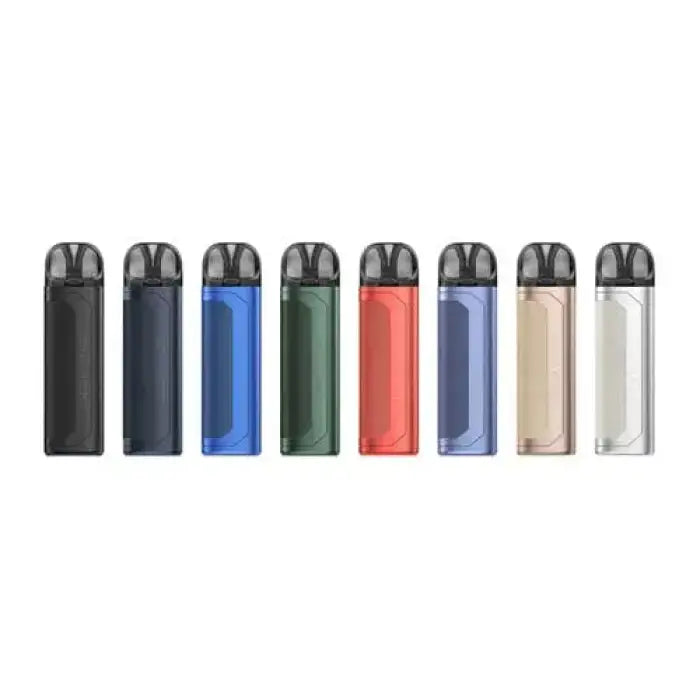 Row of colorful electronic cigarette or vape devices in various metallic finishes.