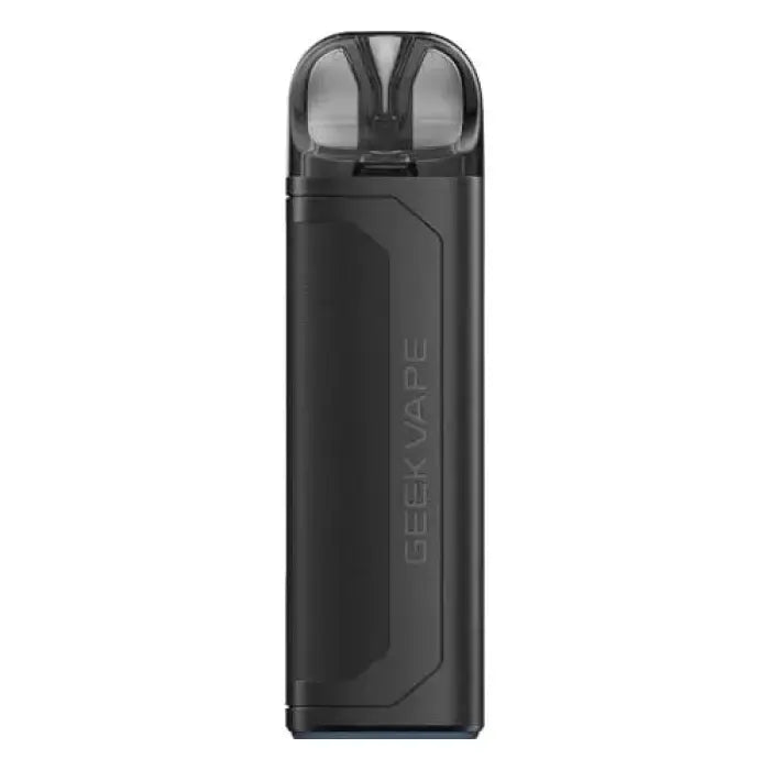 Black electronic vaping device with a transparent mouthpiece.