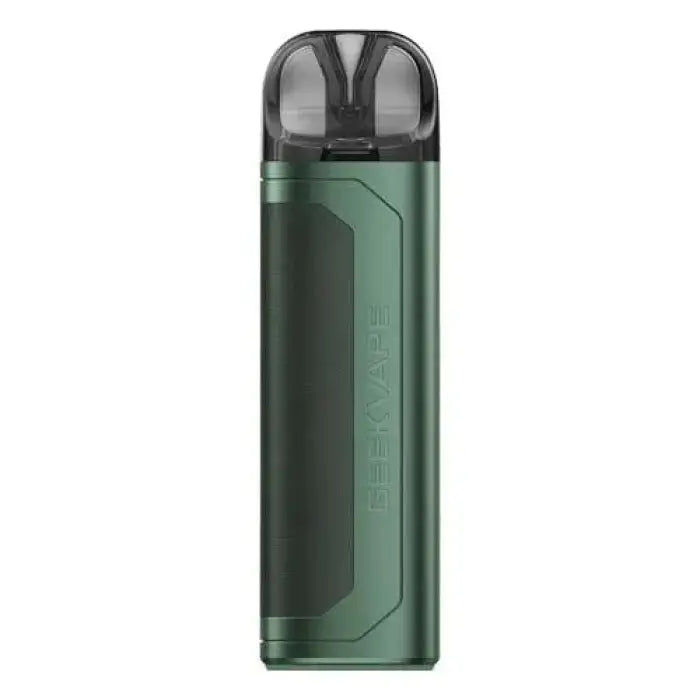 Cylindrical green and black electronic vaping device with a transparent mouthpiece.