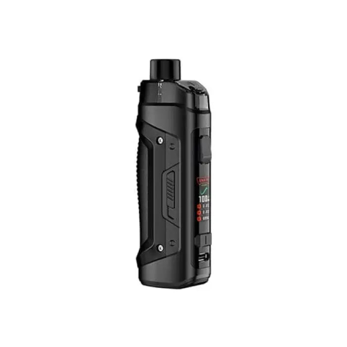 Sleek black electronic vaping device with a digital display and ergonomic design.