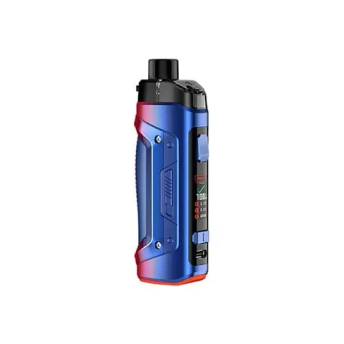 Sleek blue and red electronic vaping device or pod system with a black mouthpiece.