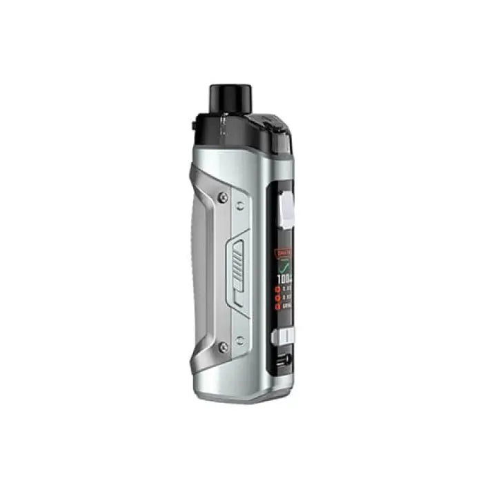 Electronic vaping device with a silver and black body featuring a digital display screen.