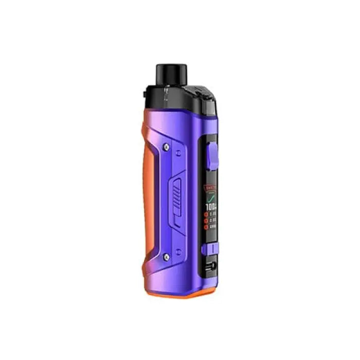 Colorful electronic vaping device or pod system with purple and orange accents.