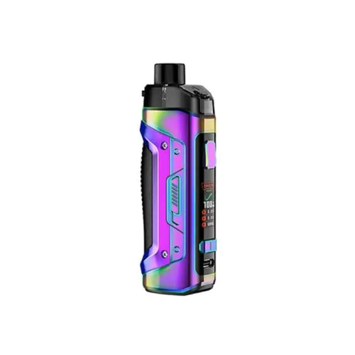 Colorful electronic vaping device with a sleek, futuristic design.