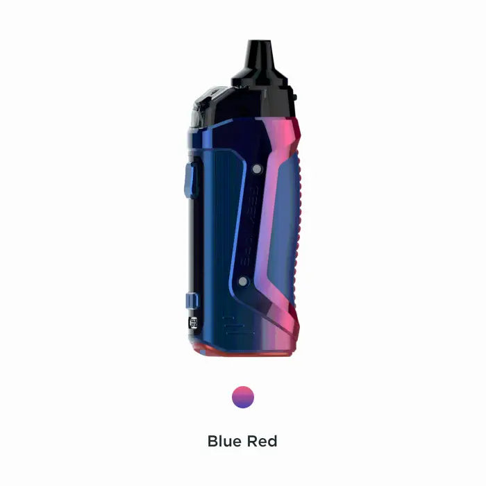 Sleek electronic vaping device with blue and pink accents.