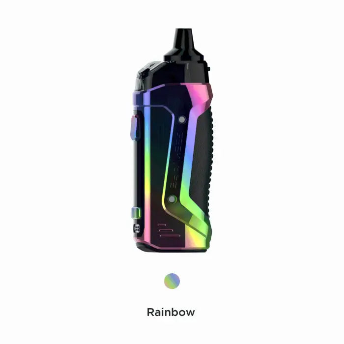 Colorful electronic vaping device with a sleek, ergonomic design featuring rainbow-like iridescent patterns.