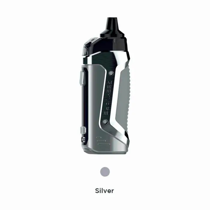 Sleek silver and black electronic vaping device or e-cigarette.