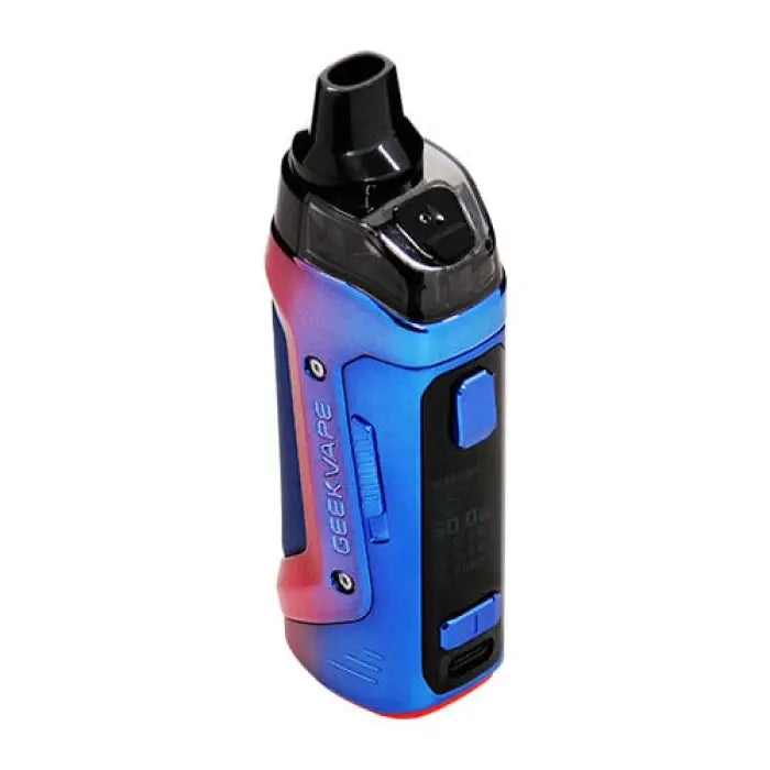 Colorful electronic vaping device with a sleek, ergonomic design featuring blue and red gradient coloring.