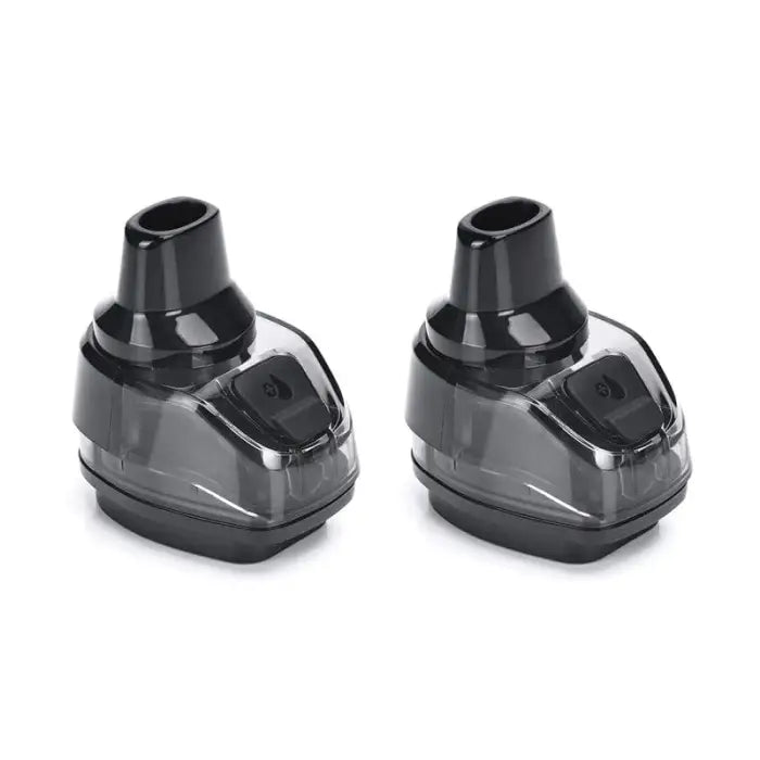 Two identical black and gray plastic pods or cartridges with rounded shapes and small openings.