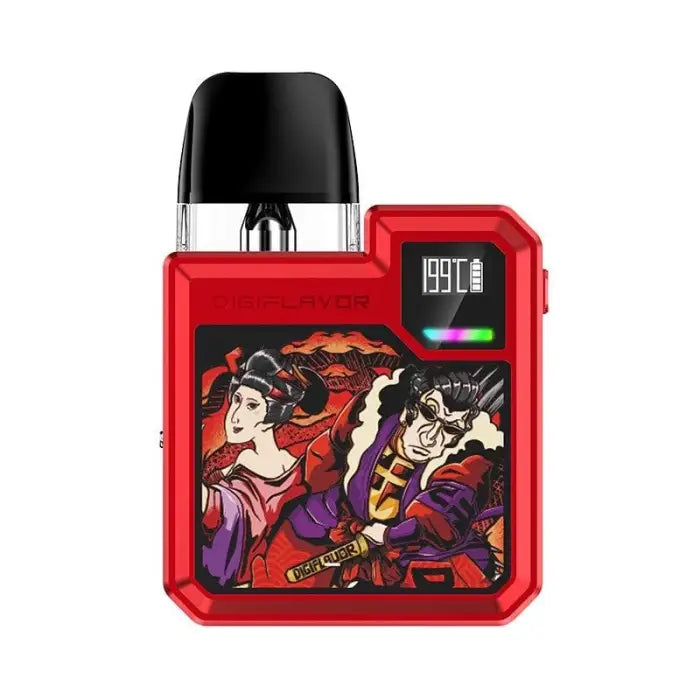 Red electronic vaping device with a colorful Japanese-style artwork panel on its side.