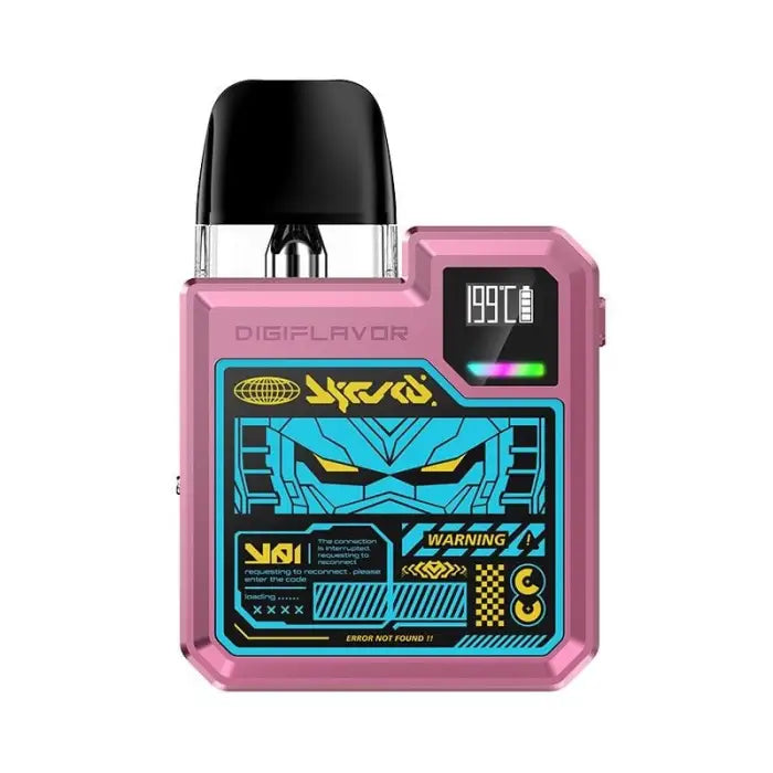 Pink electronic vaping device with a colorful digital display featuring a robotic face design.