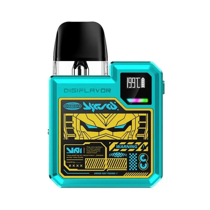 Teal and black electronic vaping device with a yellow robotic face display.