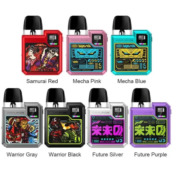 Colorful electronic vaping devices with different graphic designs and color options.