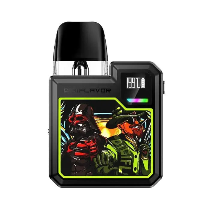 Electronic vaping device with a colorful display screen showing futuristic robot-like figures.