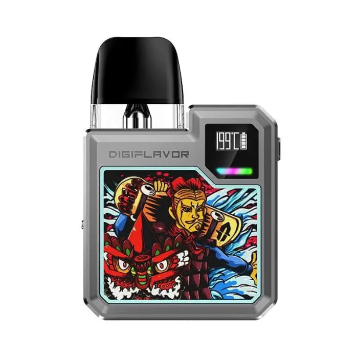 Electronic vaping device with a colorful, artistic display panel featuring an intense monster-like character design.