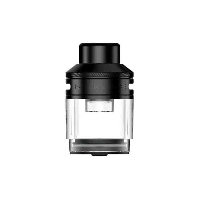 Vaping tank or atomizer with a glass section and black metal components.