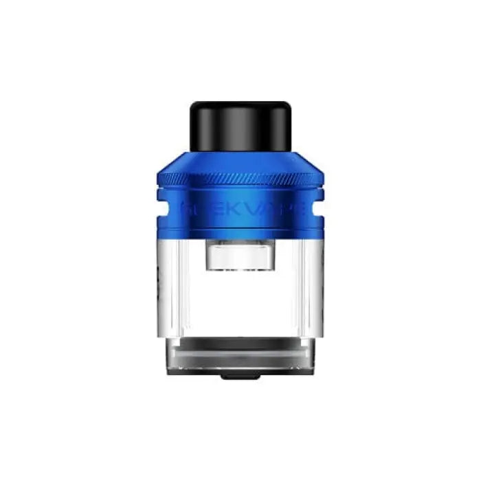 Blue and clear vaping tank or atomizer with a black top cap.