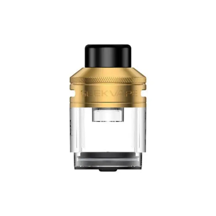 Vaping atomizer or tank with a gold-colored top and clear glass section.