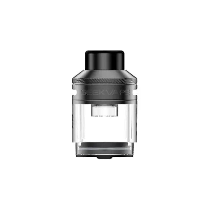 Cylindrical vaping tank or atomizer with a clear glass section and black top cap.