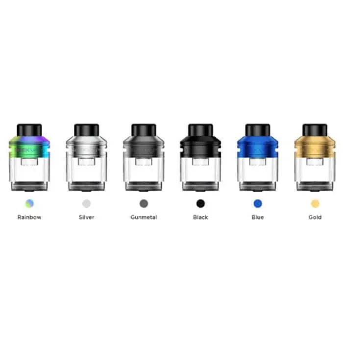 Set of six vaping tanks or atomizers in different metallic colors.