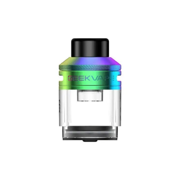 Colorful vaping tank or atomizer with a glass section and metal components.