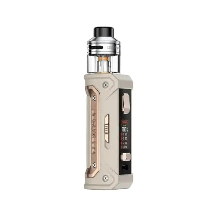 Electronic vaping device with a digital display and adjustable settings.