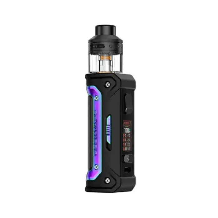 Electronic vaping device with a black body, purple accent, and clear tank on top.