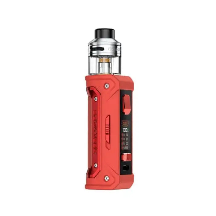 Red electronic vaping device with a digital display and metallic tank attachment.