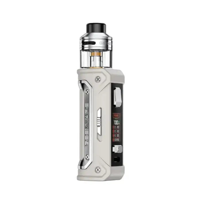 Electronic vaping device with a metallic body, digital display, and removable tank.