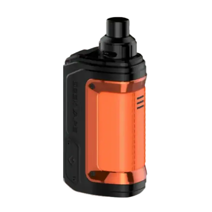 Compact orange and black electronic vaping device or e-cigarette.