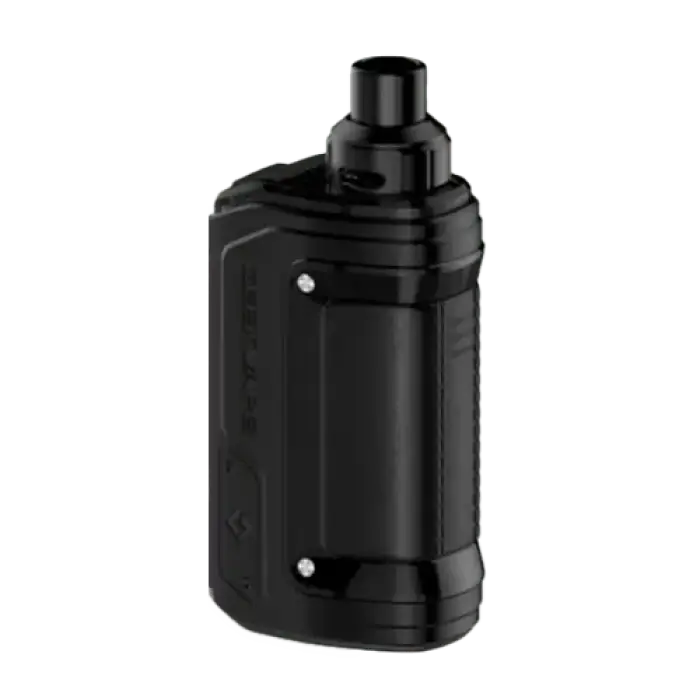 Black cylindrical electronic vaping device with a compact design.