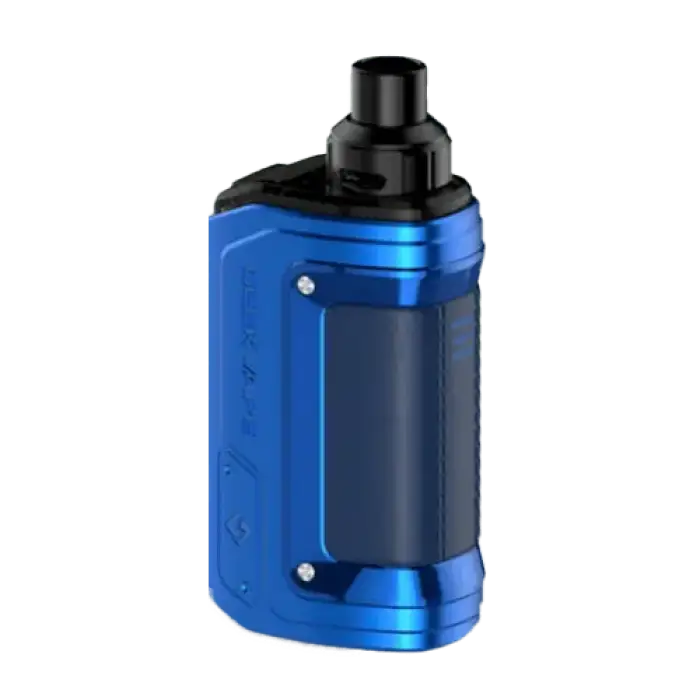 Blue and black electronic vaping device or e-cigarette mod.