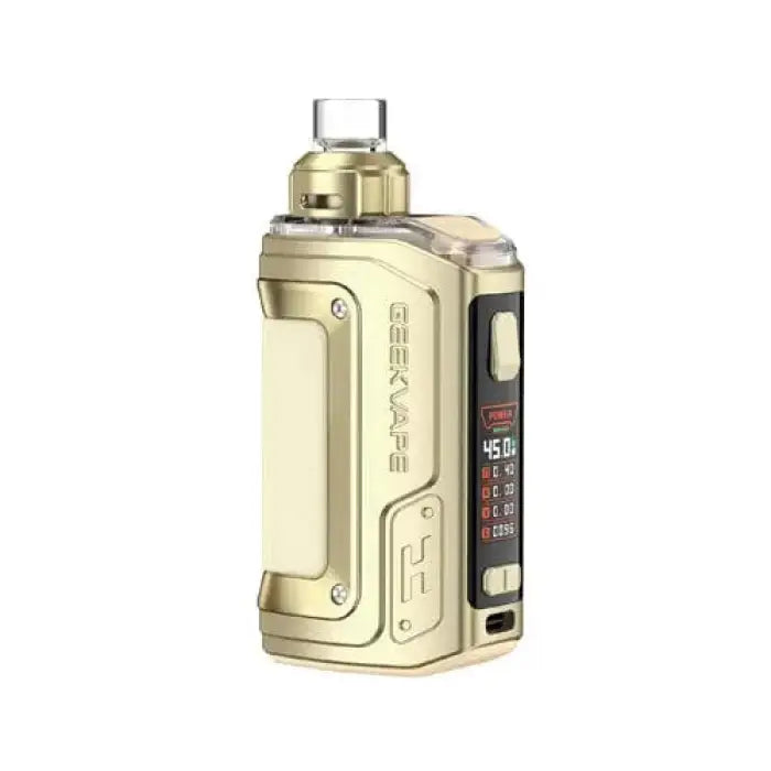 Electronic vaping device with a metallic gold-colored body and digital display.