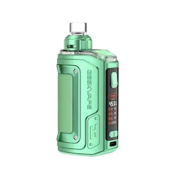 Mint green electronic vaping device with a digital display and transparent tank.