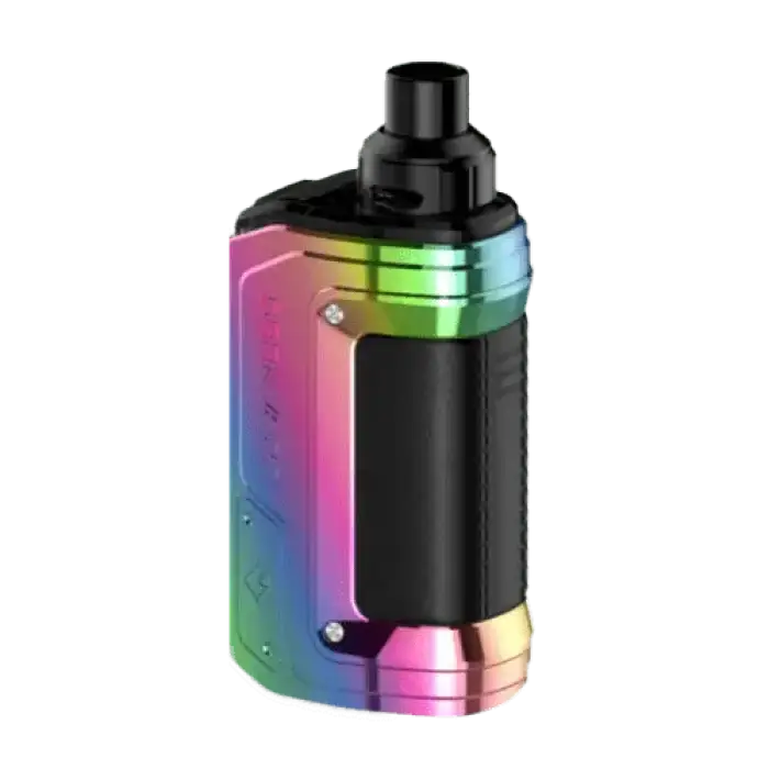 Colorful electronic vaping device or e-cigarette with a black body and rainbow-hued metallic accents.