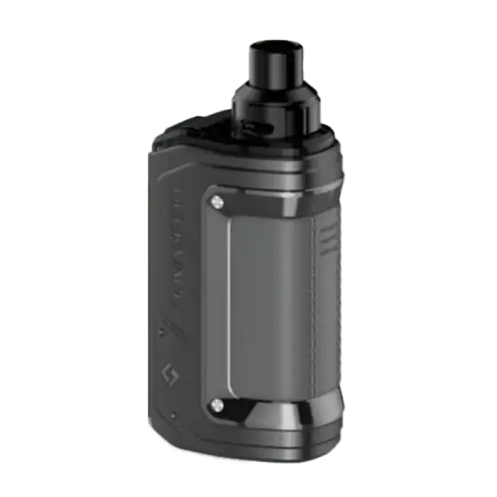 Compact, dark-colored electronic vaping device with a cylindrical body and protruding mouthpiece.