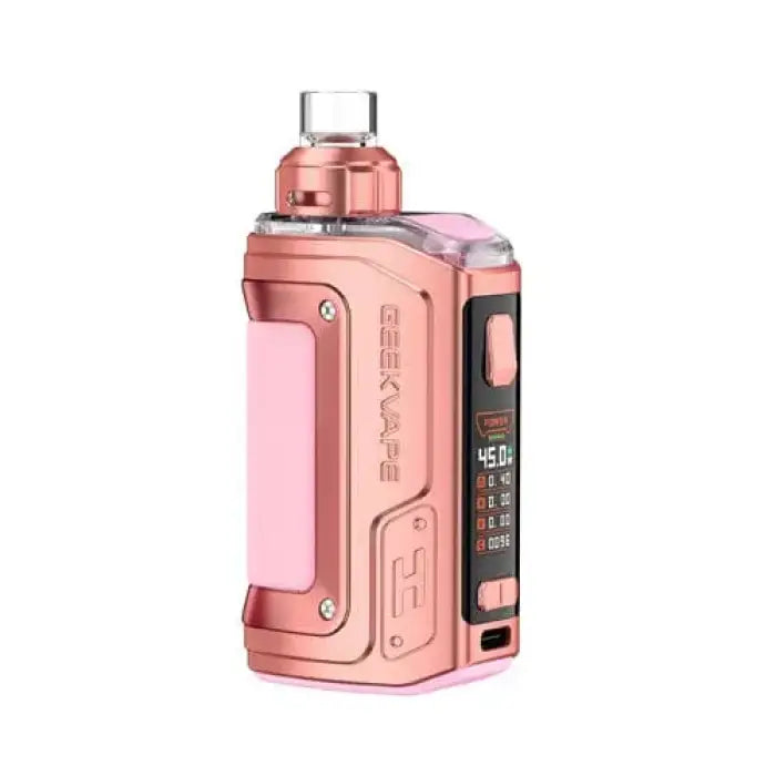 Pink and rose gold electronic vaping device with a digital display and adjustable settings.