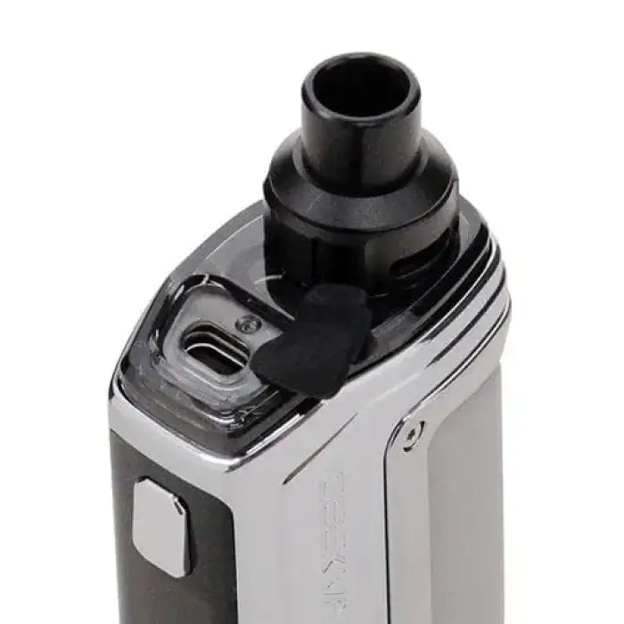 Electronic vaping device with a black mouthpiece and silver body.