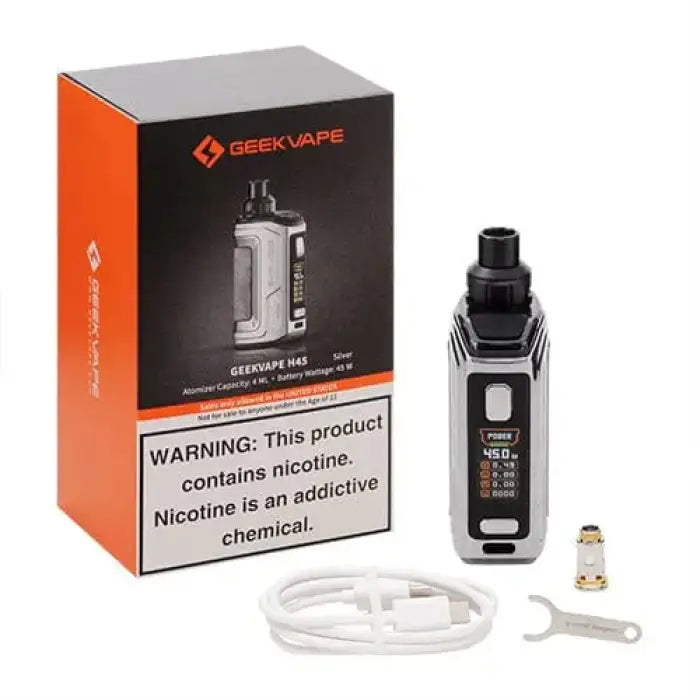 Electronic cigarette or vaping device with its packaging and accessories.