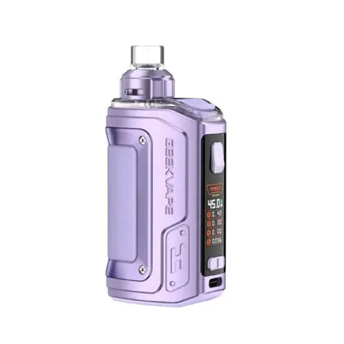 Lavender-colored electronic vaping device with a digital display screen.