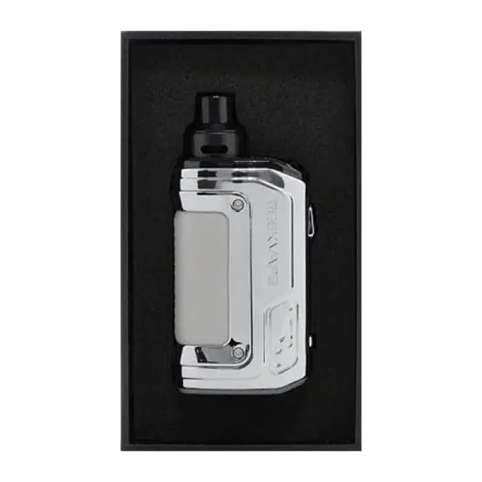 Compact electronic vaping device or e-cigarette mod in silver and black.