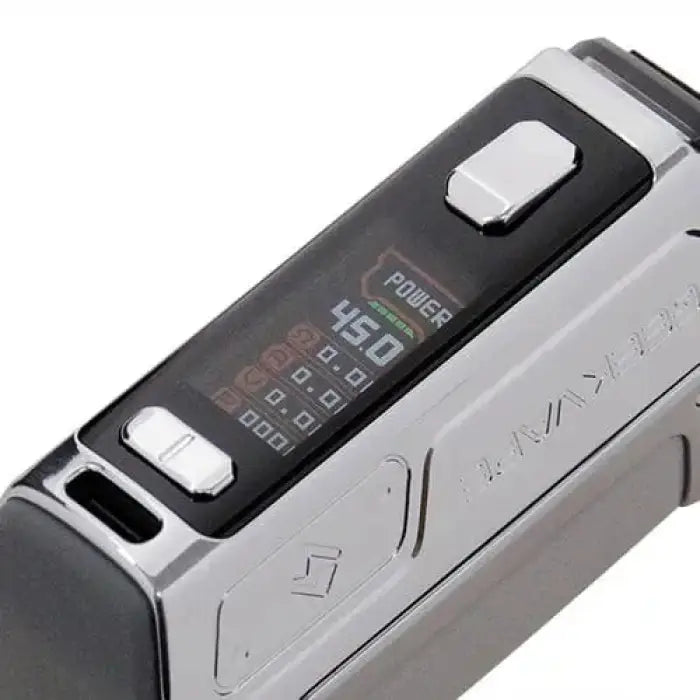 Electronic vaping device with a digital display and control buttons.