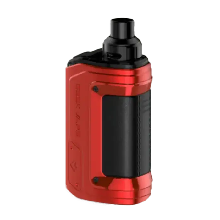 Compact red and black electronic vaping device with a cylindrical shape.