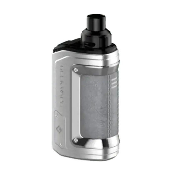 Metallic electronic vaping device with a black top and silver body.