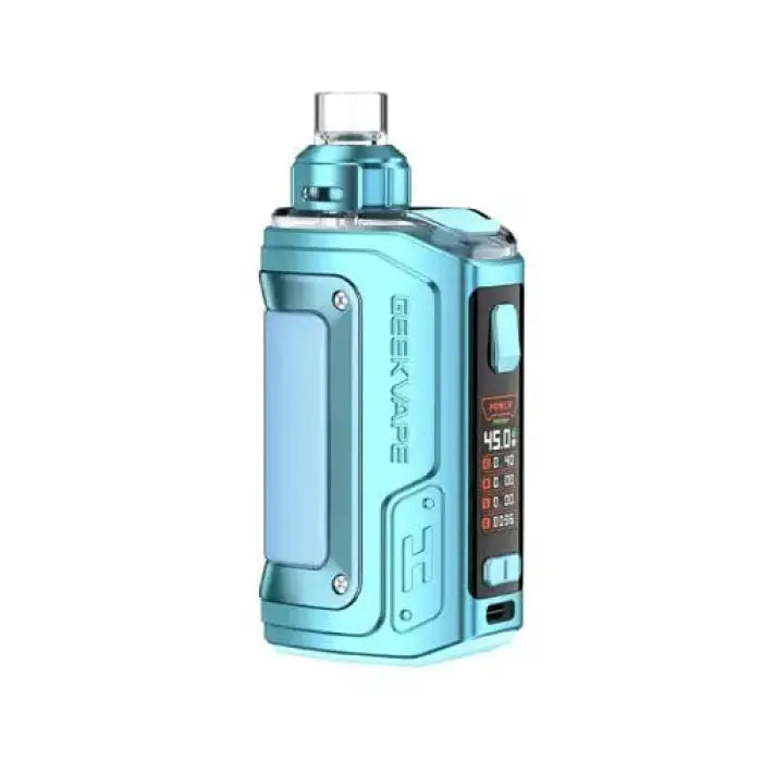 Teal-colored electronic vaping device with a digital display and transparent tank.