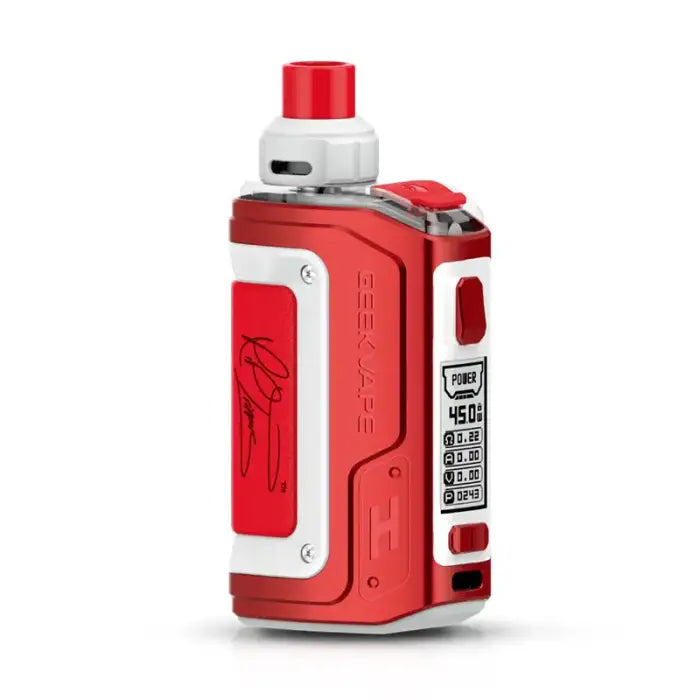 Red and white electronic vaping device with a digital display and adjustable settings.