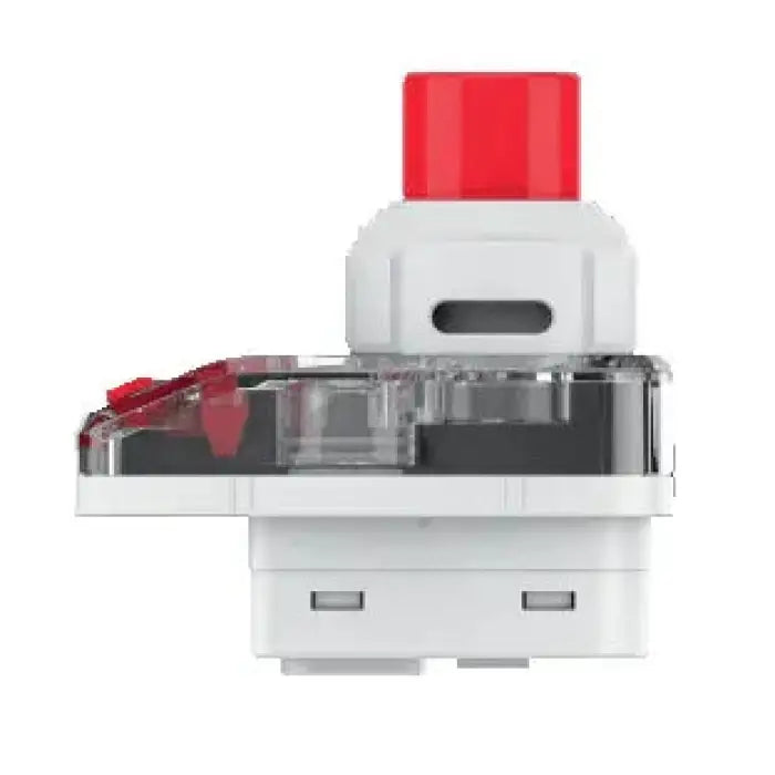 Vaping device pod or cartridge with a red cap and clear viewing window.