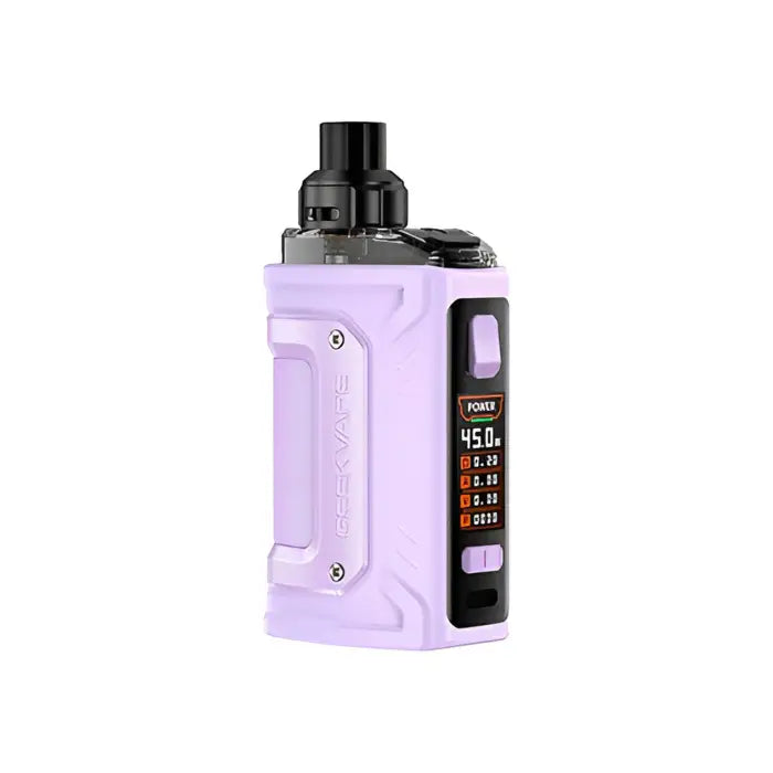 Lilac-colored electronic vaping device with a digital display screen.