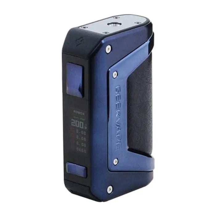 Electronic vaping device or mod in blue and black colors with a digital display.